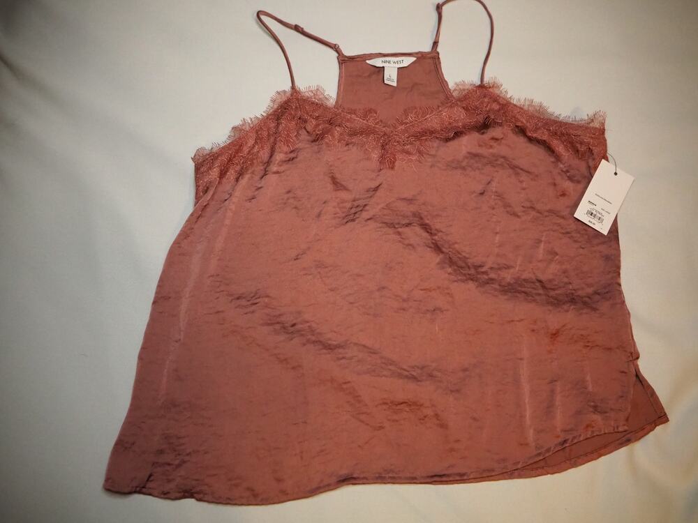 Nine West Satin Lace Trim Cami Womens L Mauve Adjustable Strap Tank NWT